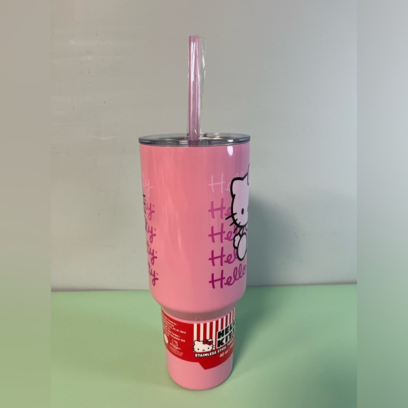 Hello Kitty Waving Pink Stainless Steel Tumbler with Handle and Straw, 40 Ounces - Picture 4 of 10